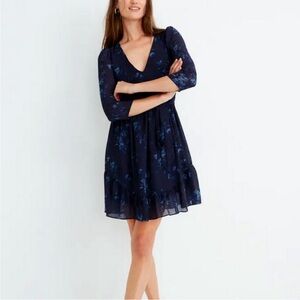 Madewell Blue Botanical V Neck Sheer Sleeve Dress
